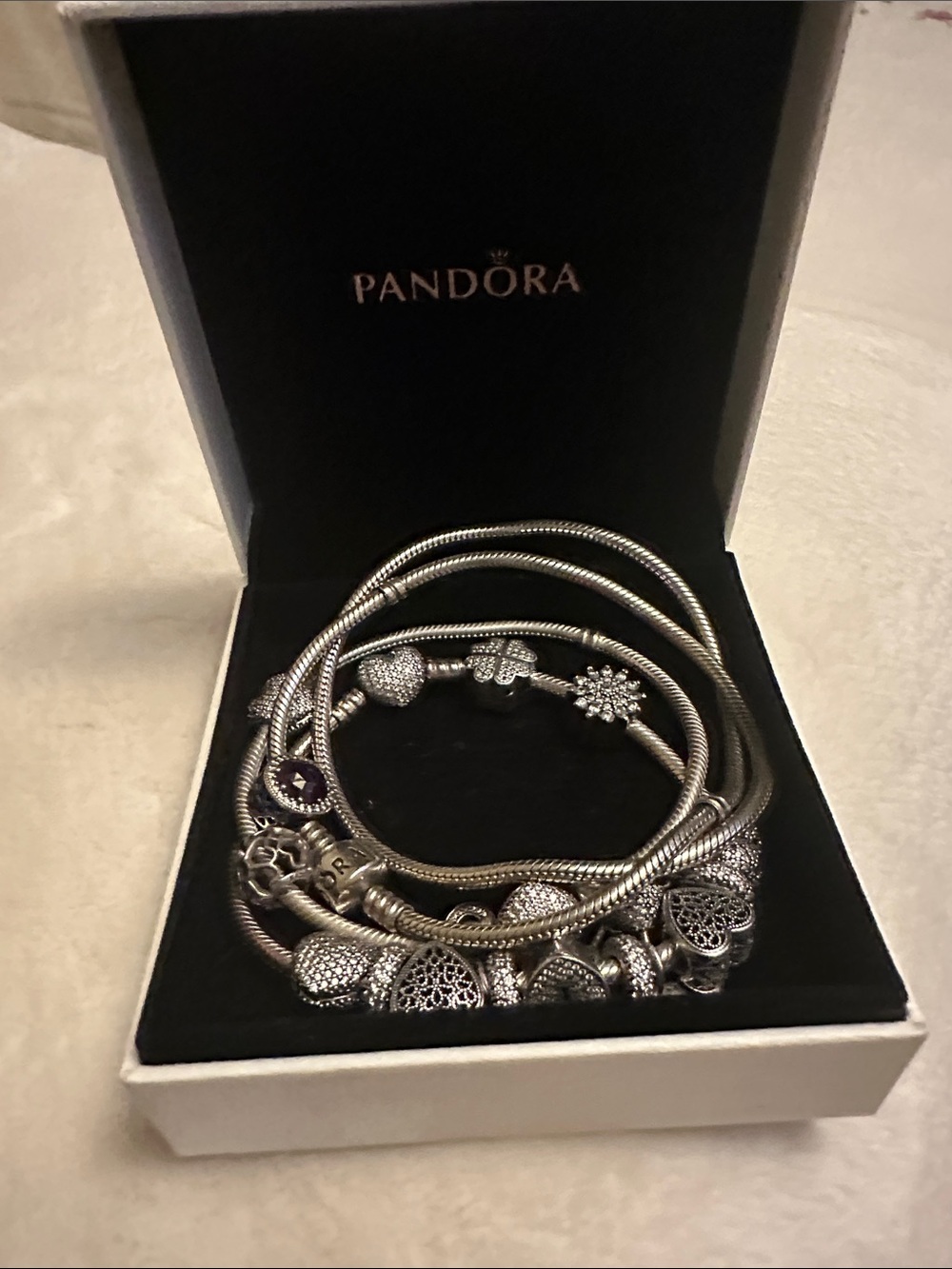 Pandora Silver Charm Bracelets with Heart and Dangle Charms and necklaces